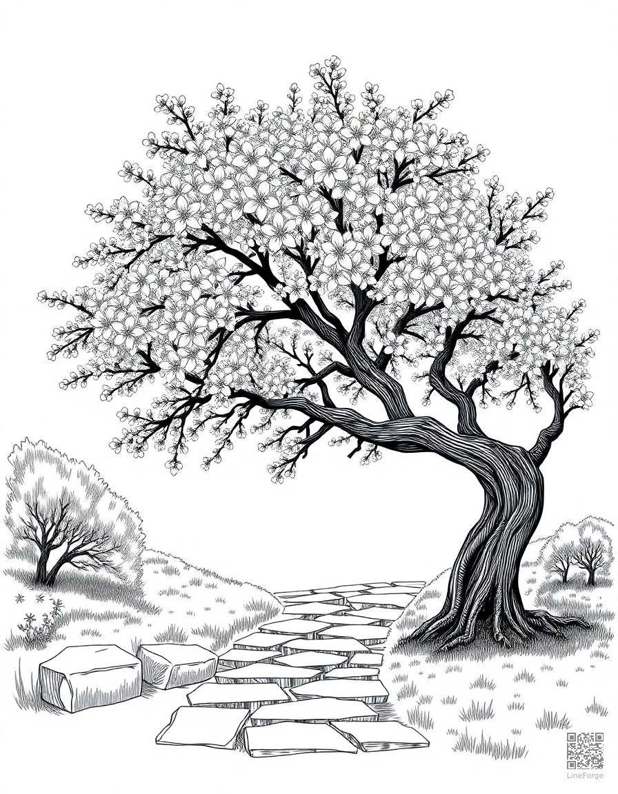 A cherry blossom tree in full bloom over a stone path coloring page Crosshatch style - free printable