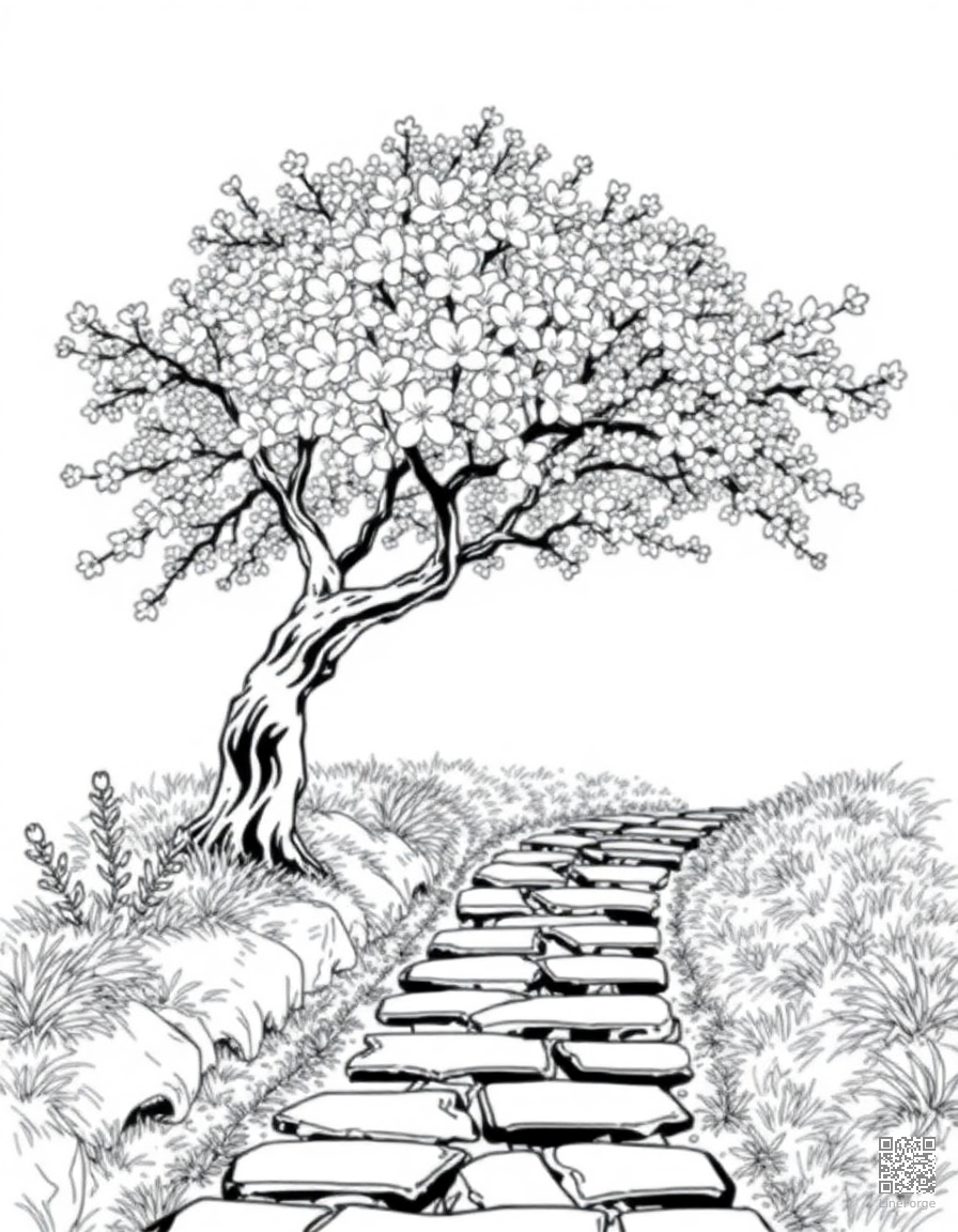 A cherry blossom tree in full bloom over a stone path coloring page Manga style free printable