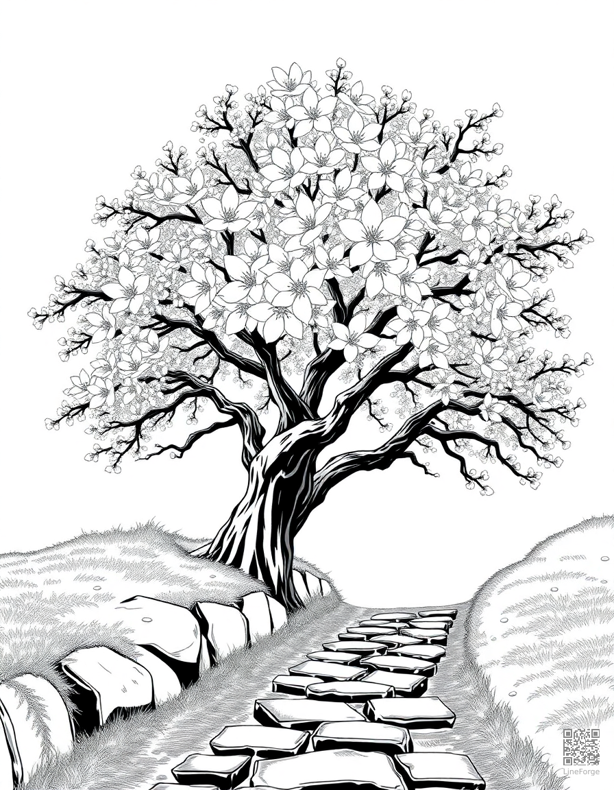 A cherry blossom tree in full bloom over a stone path coloring page Manga style free printable