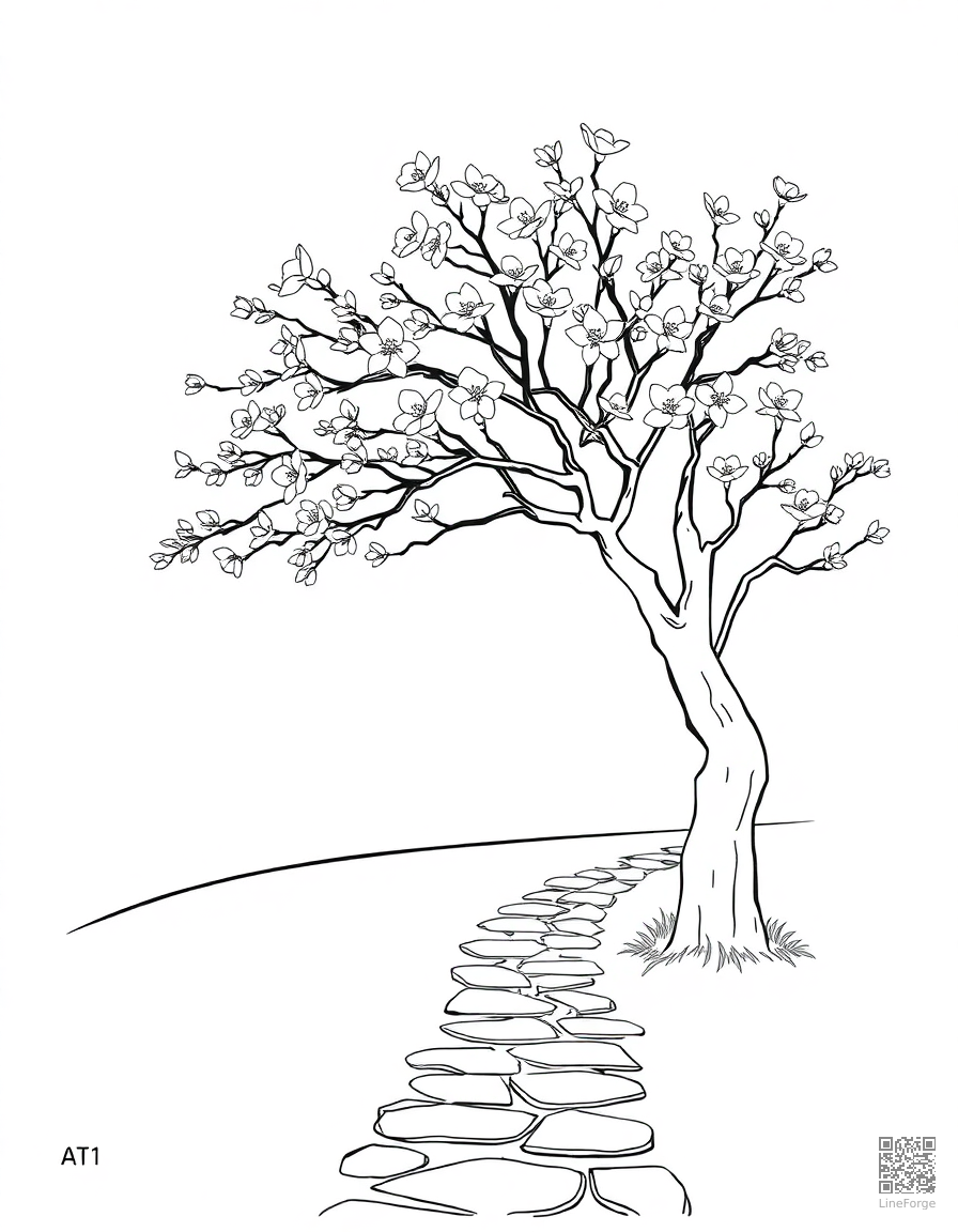 A cherry blossom tree in full bloom over a stone path coloring page Minimal style free printable