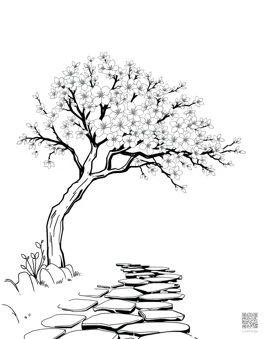 A cherry blossom tree in full bloom over a stone path coloring page Minimal style free printable