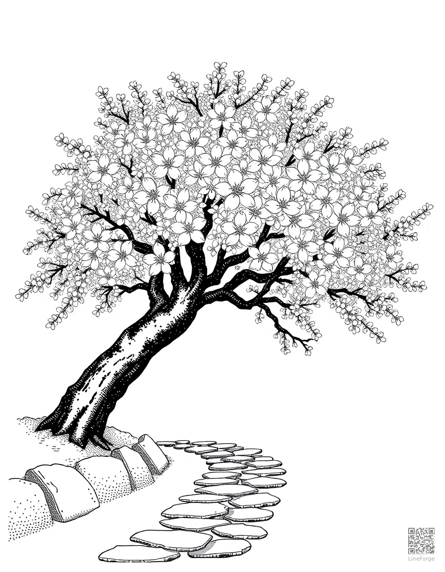 A cherry blossom tree in full bloom over a stone path coloring page Stipple style - free printable