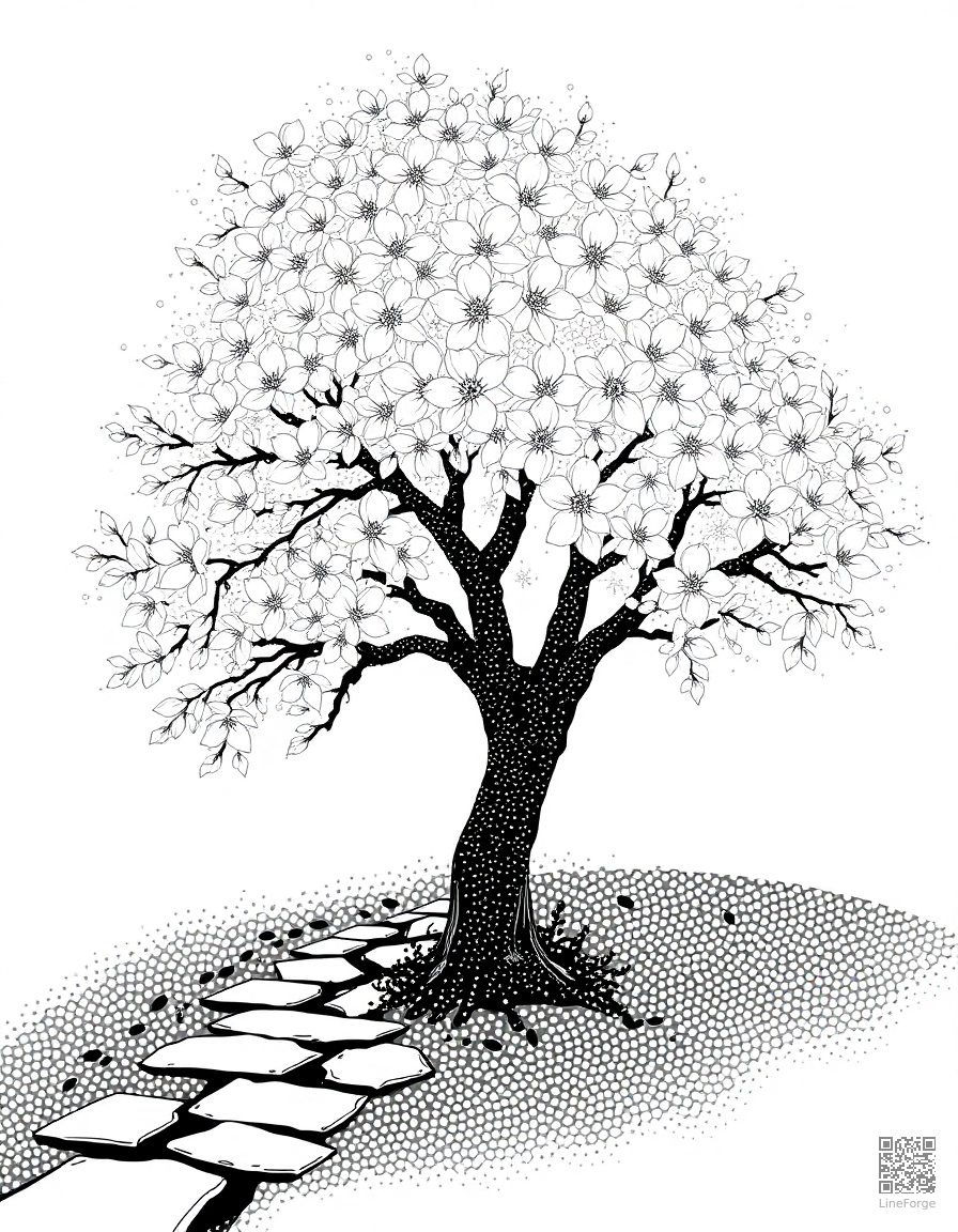 A cherry blossom tree in full bloom over a stone path coloring page Stipple style - free printable