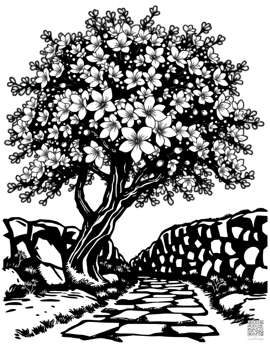 A cherry blossom tree in full bloom over a stone path coloring page Woodcut style - free printable