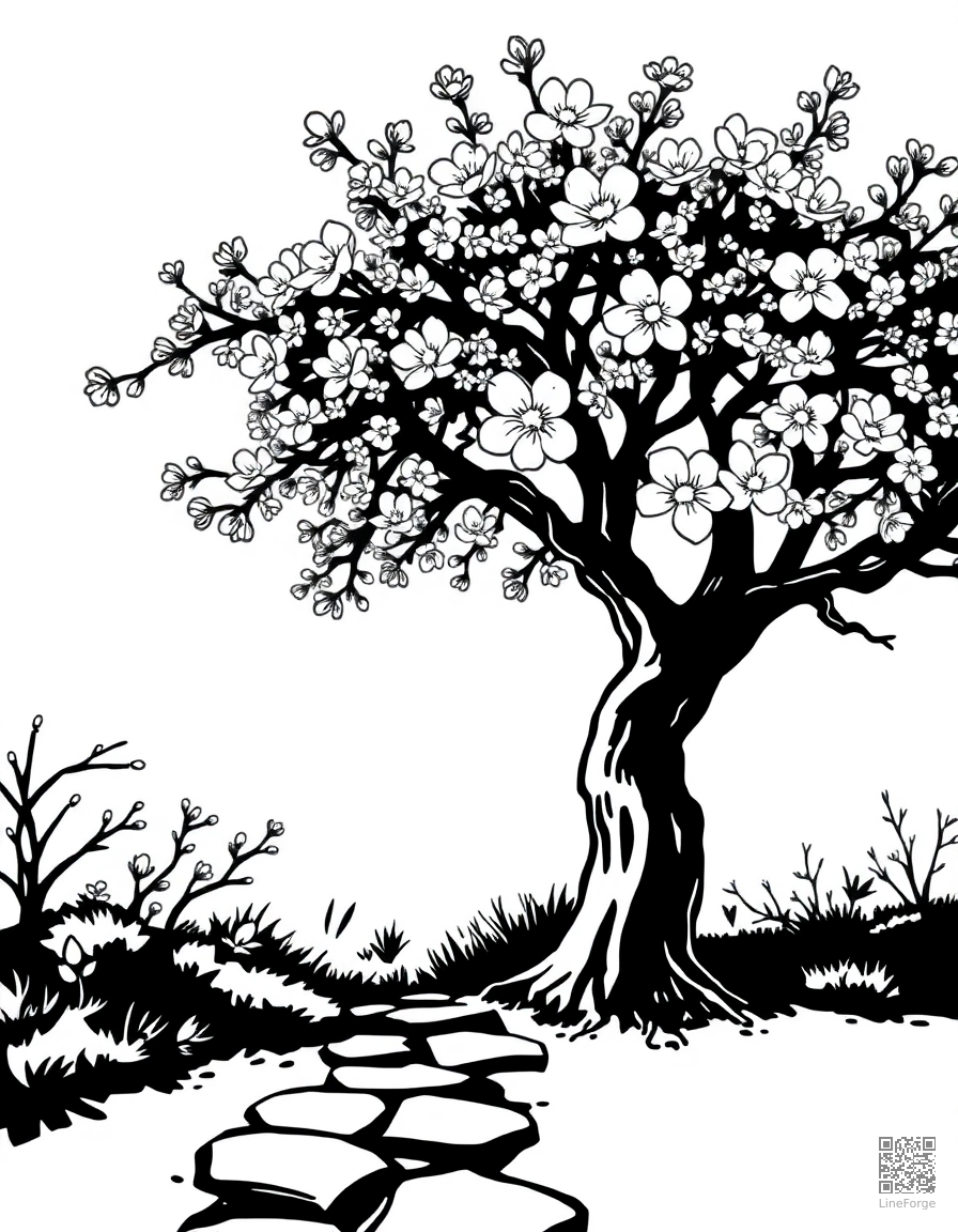 A cherry blossom tree in full bloom over a stone path coloring page Woodcut style - free printable