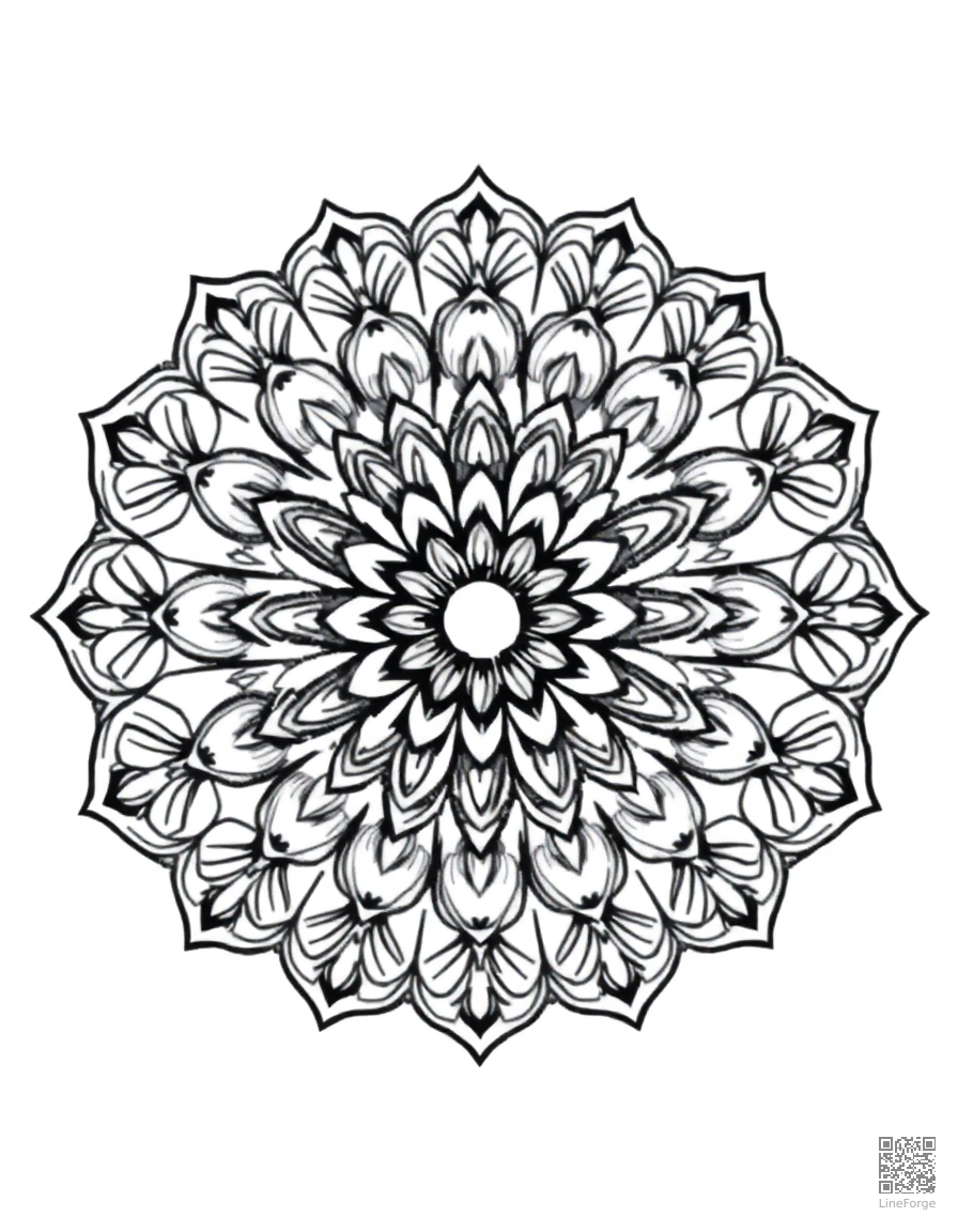 A circular mandala with intricate floral petal designs coloring page Contour style - free printable