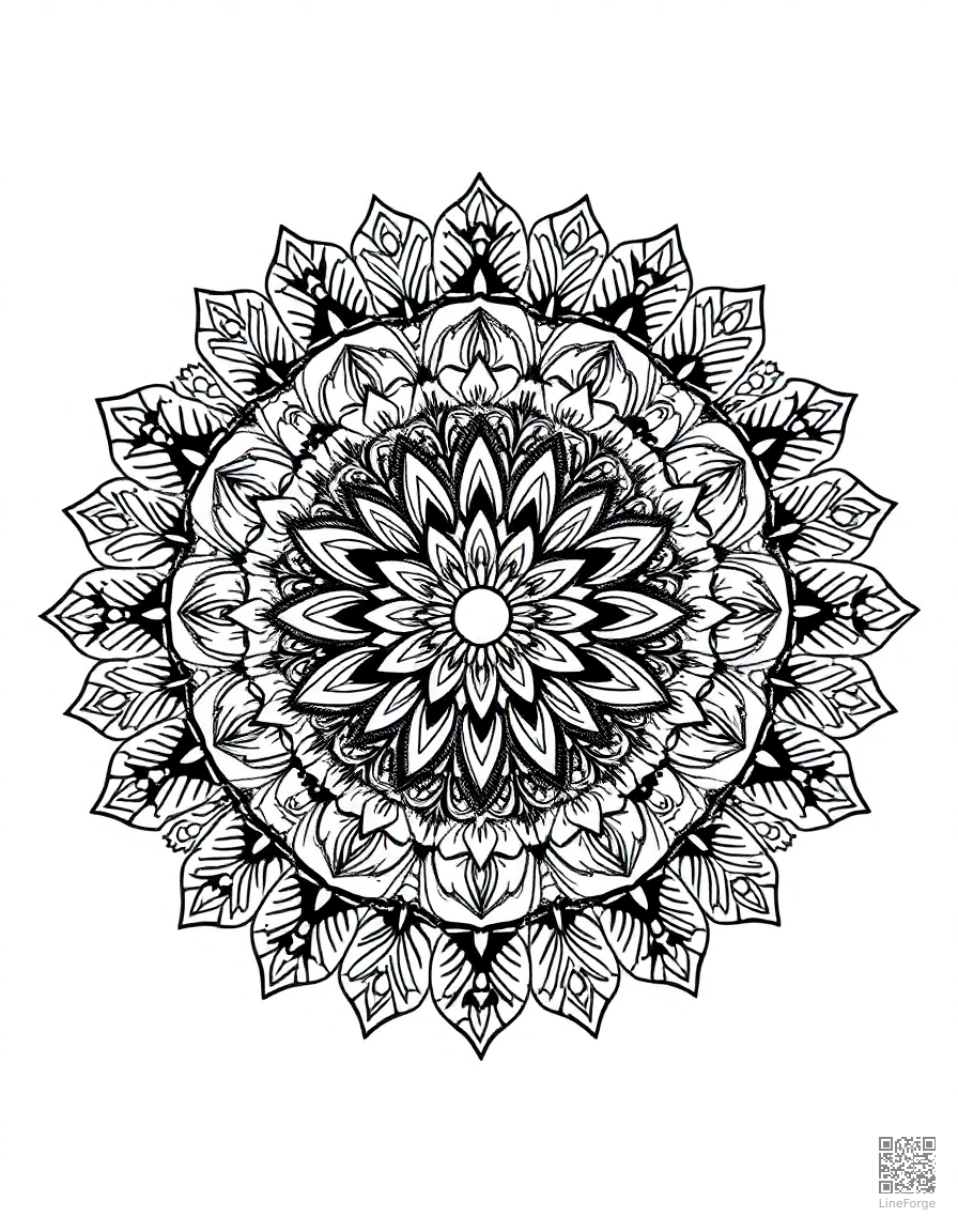 A circular mandala with intricate floral petal designs coloring page Crosshatch style - free printable