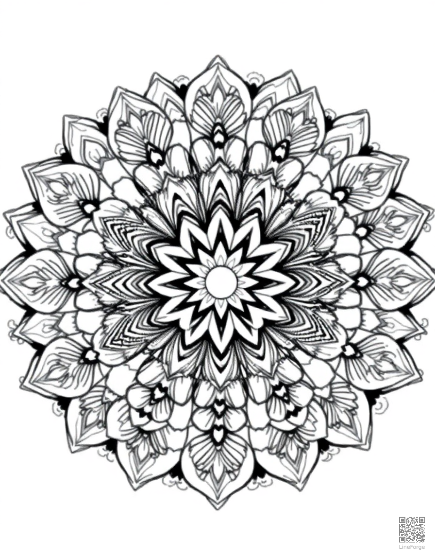 A circular mandala with intricate floral petal designs coloring page Manga style - free printable