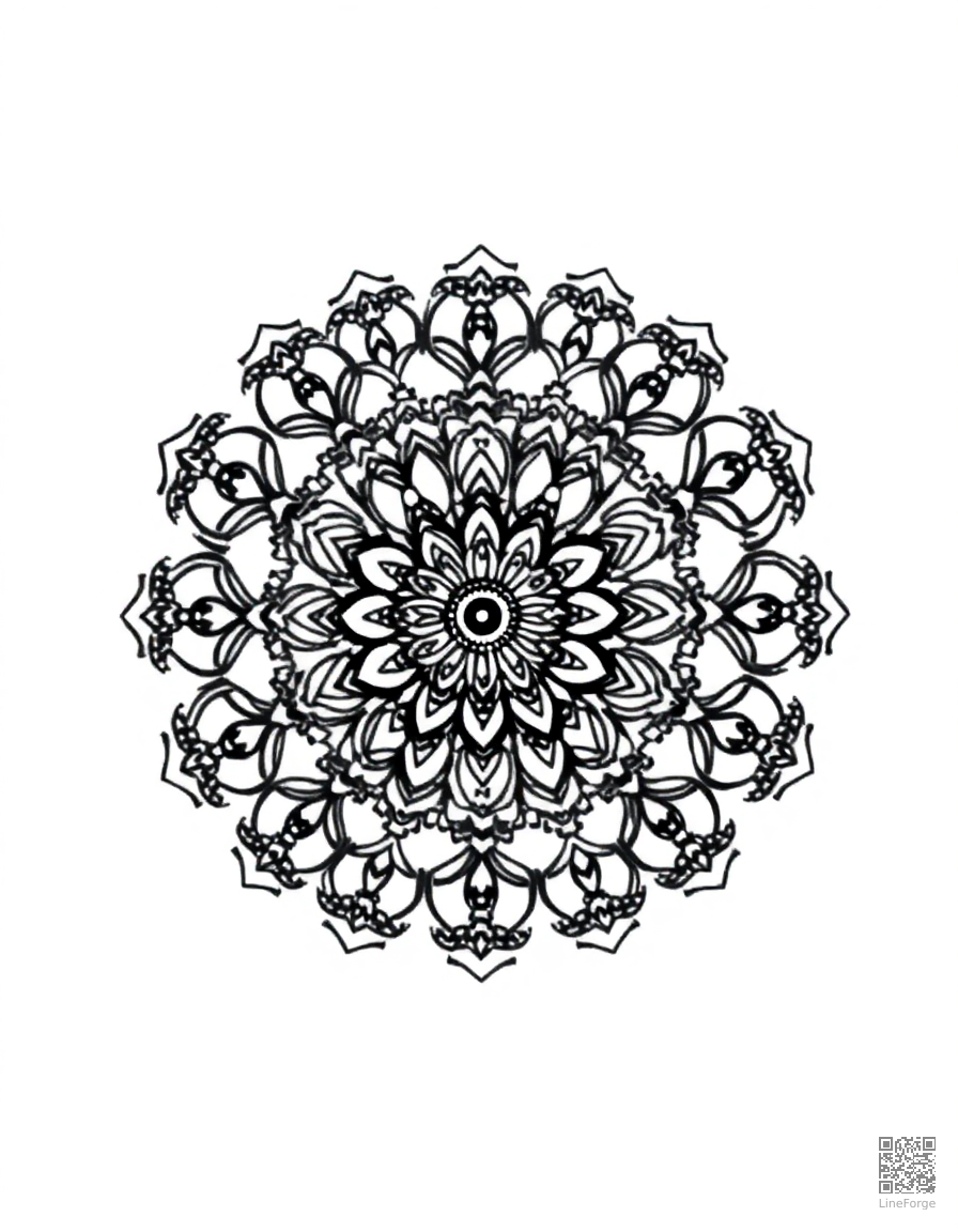 A circular mandala with intricate floral petal designs coloring page Stipple style - free printable