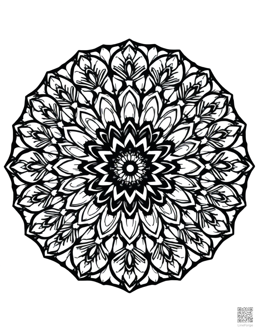 A circular mandala with intricate floral petal designs coloring page Woodcut style - free printable