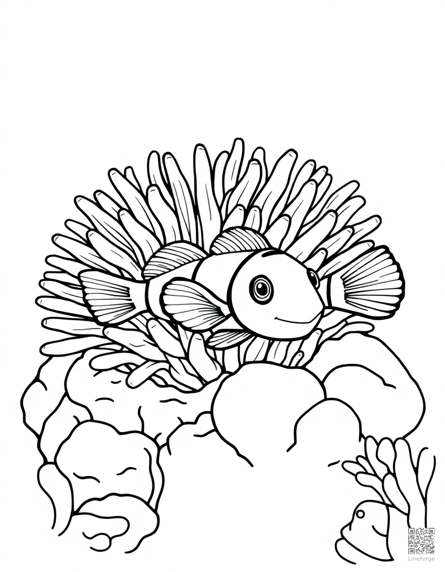 A clownfish hiding in an anemone on a reef coloring page Contour style - free printable