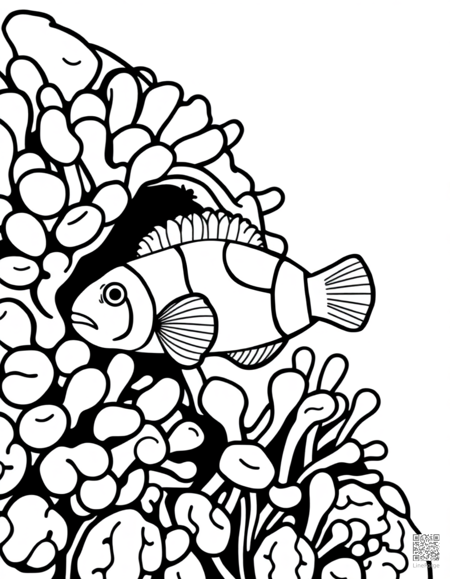 A clownfish hiding in an anemone on a reef coloring page Contour style - free printable