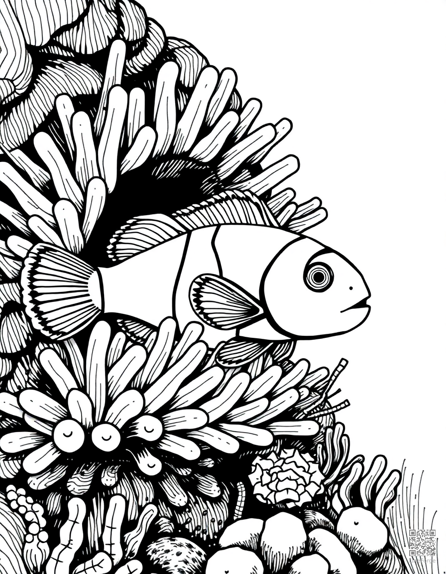 A clownfish hiding in an anemone on a reef coloring page Crosshatch style - free printable