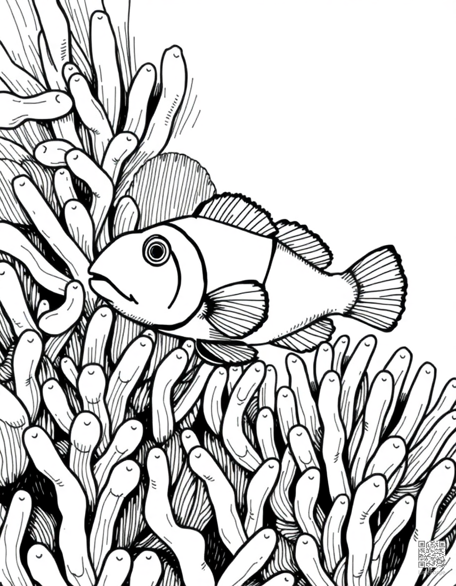 A clownfish hiding in an anemone on a reef coloring page Crosshatch style - free printable