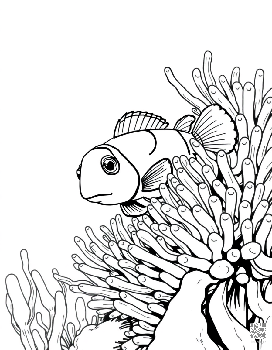 A clownfish hiding in an anemone on a reef coloring page Manga style - free printable