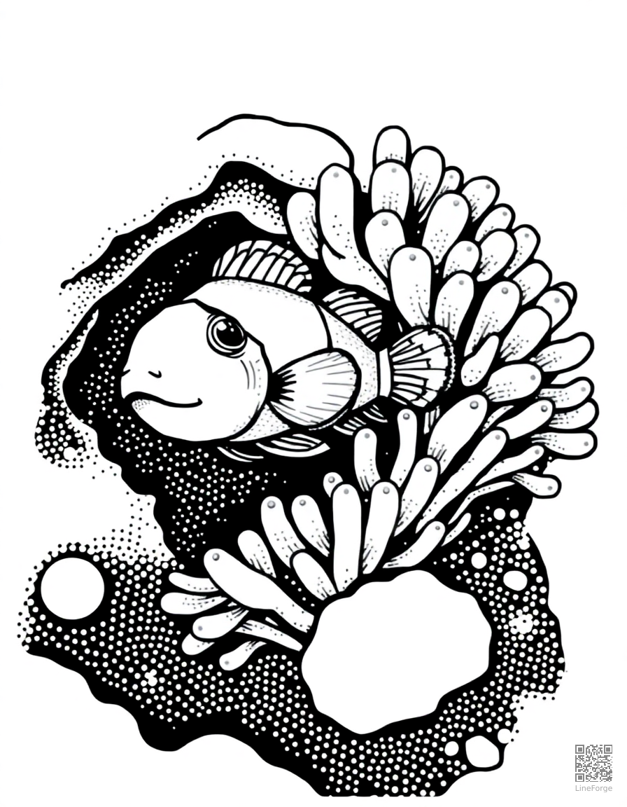 A clownfish hiding in an anemone on a reef coloring page Stipple style - free printable