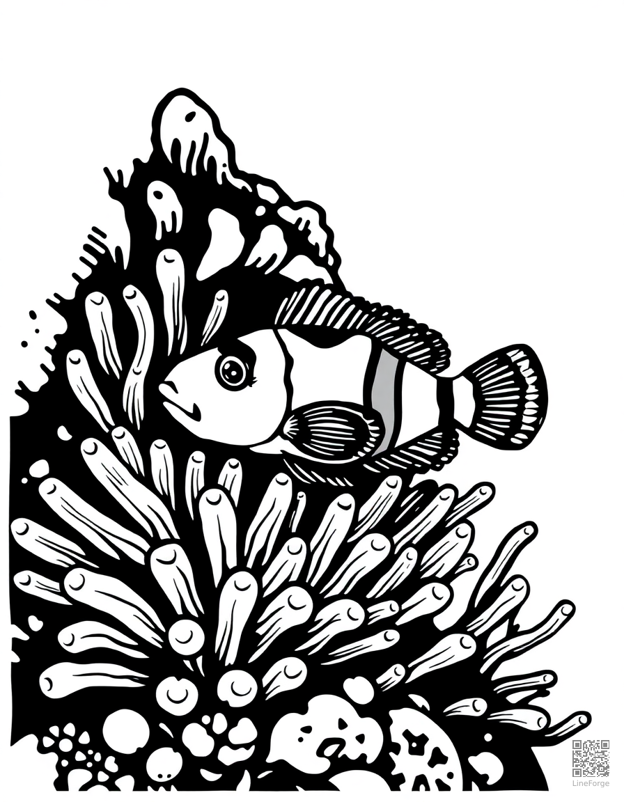 A clownfish hiding in an anemone on a reef coloring page Woodcut style - free printable