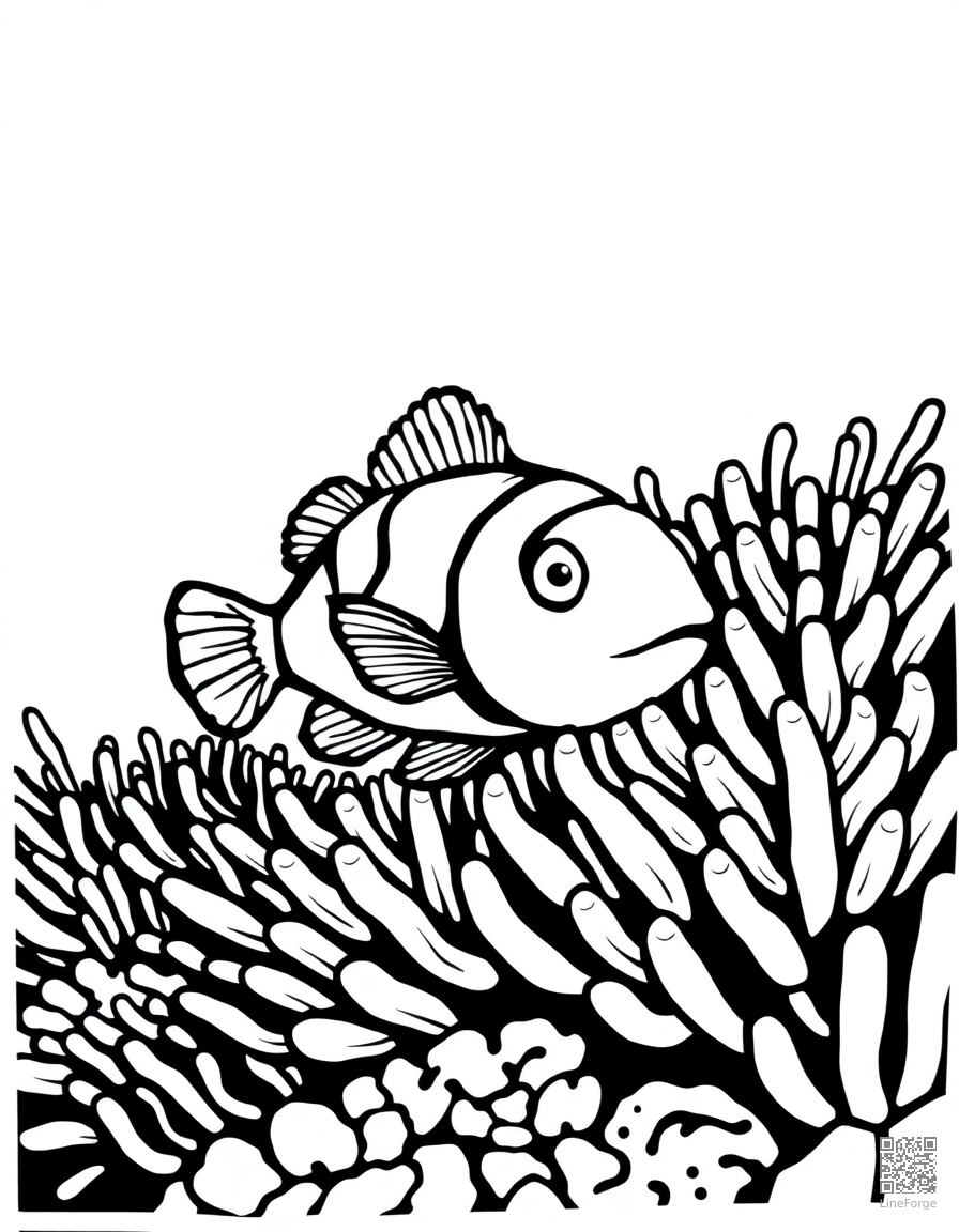 A clownfish hiding in an anemone on a reef coloring page Woodcut style - free printable