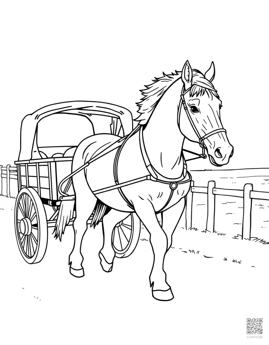 A clydesdale horse pulling a cart on a farm coloring page Contour style - free printable