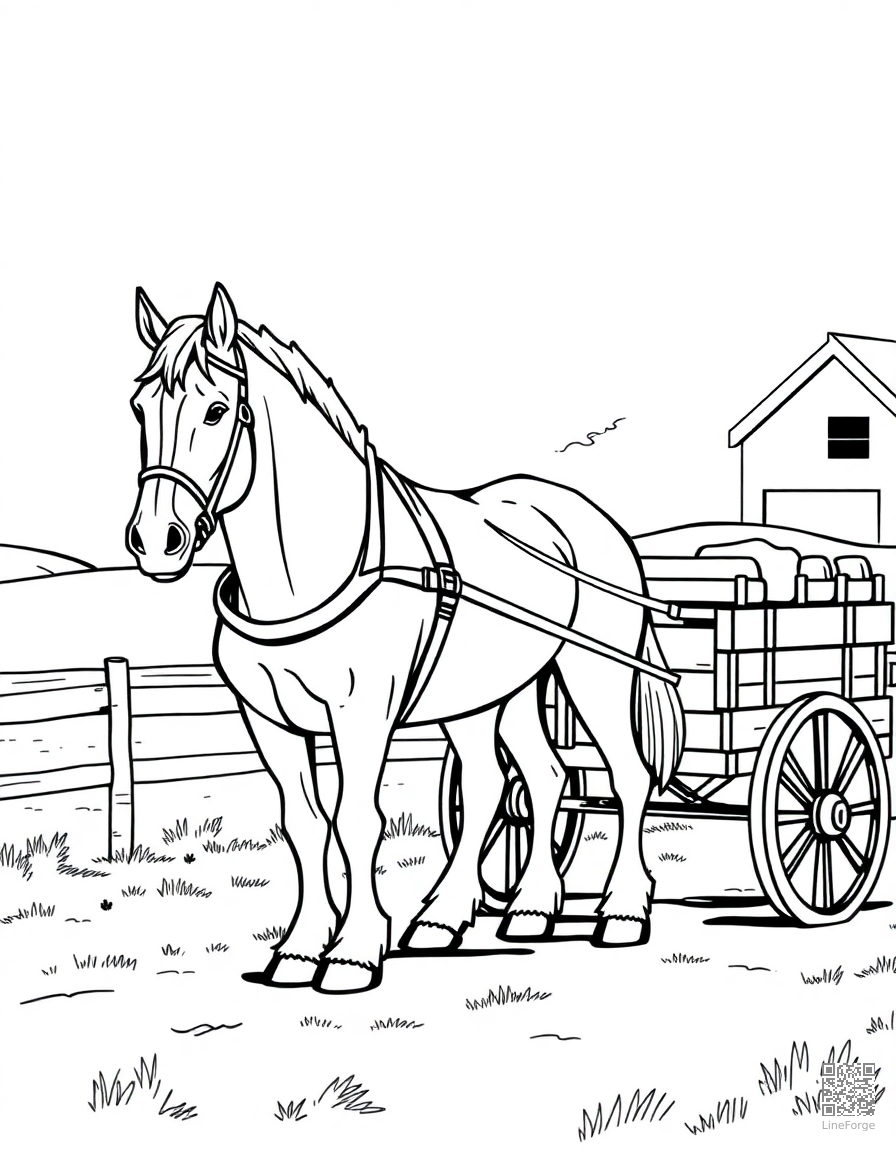 A clydesdale horse pulling a cart on a farm coloring page Contour style - free printable