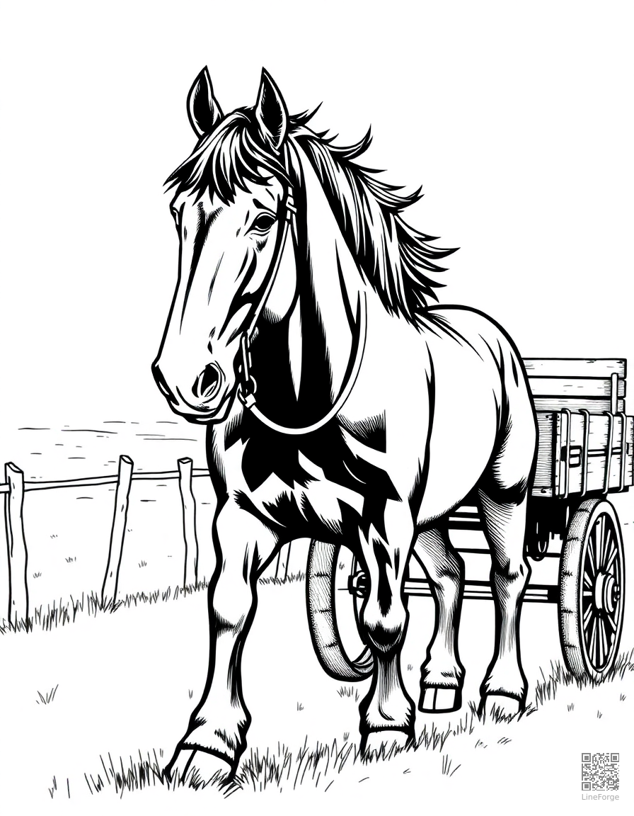 A clydesdale horse pulling a cart on a farm coloring page Crosshatch style - free printable