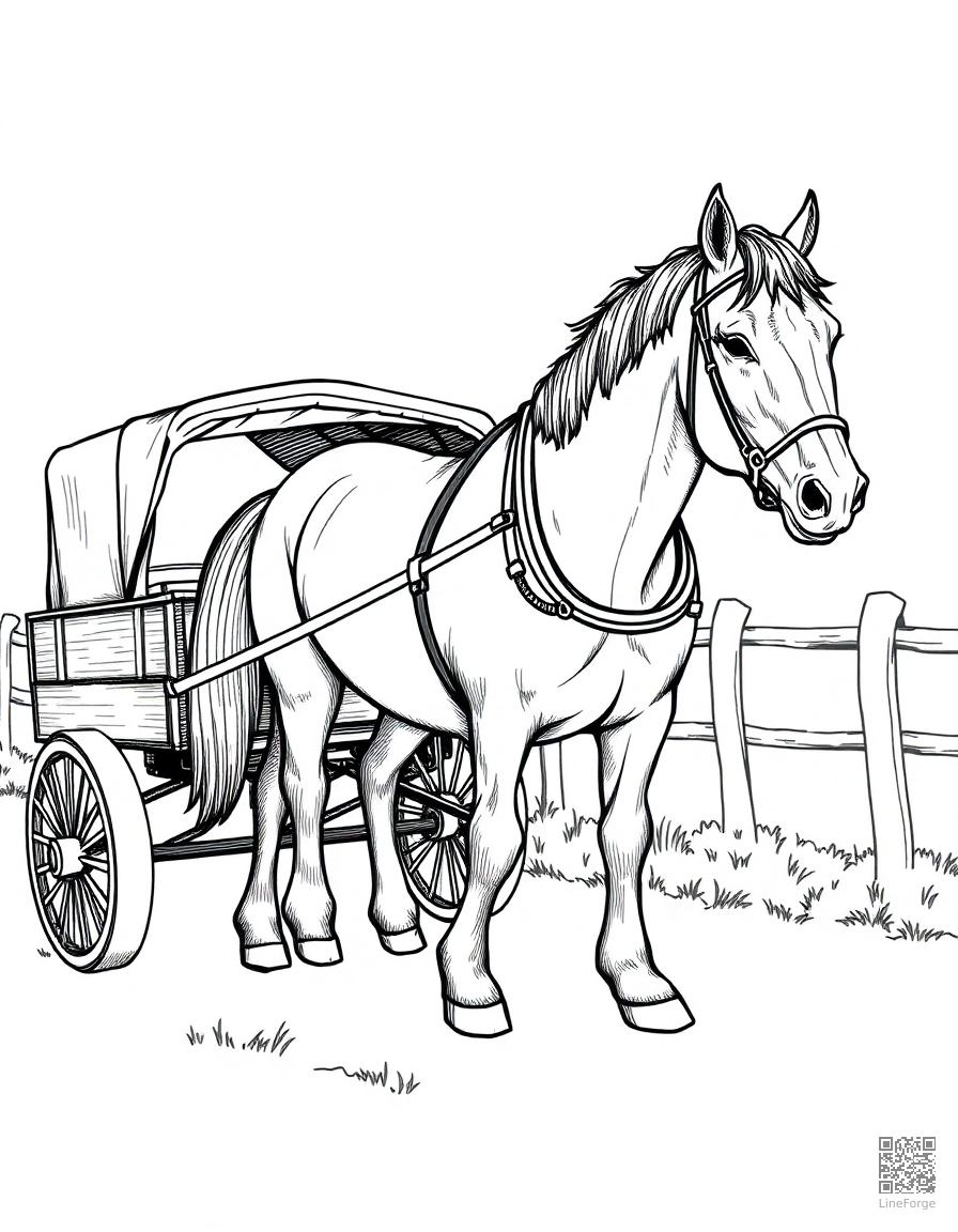 A clydesdale horse pulling a cart on a farm coloring page Crosshatch style - free printable