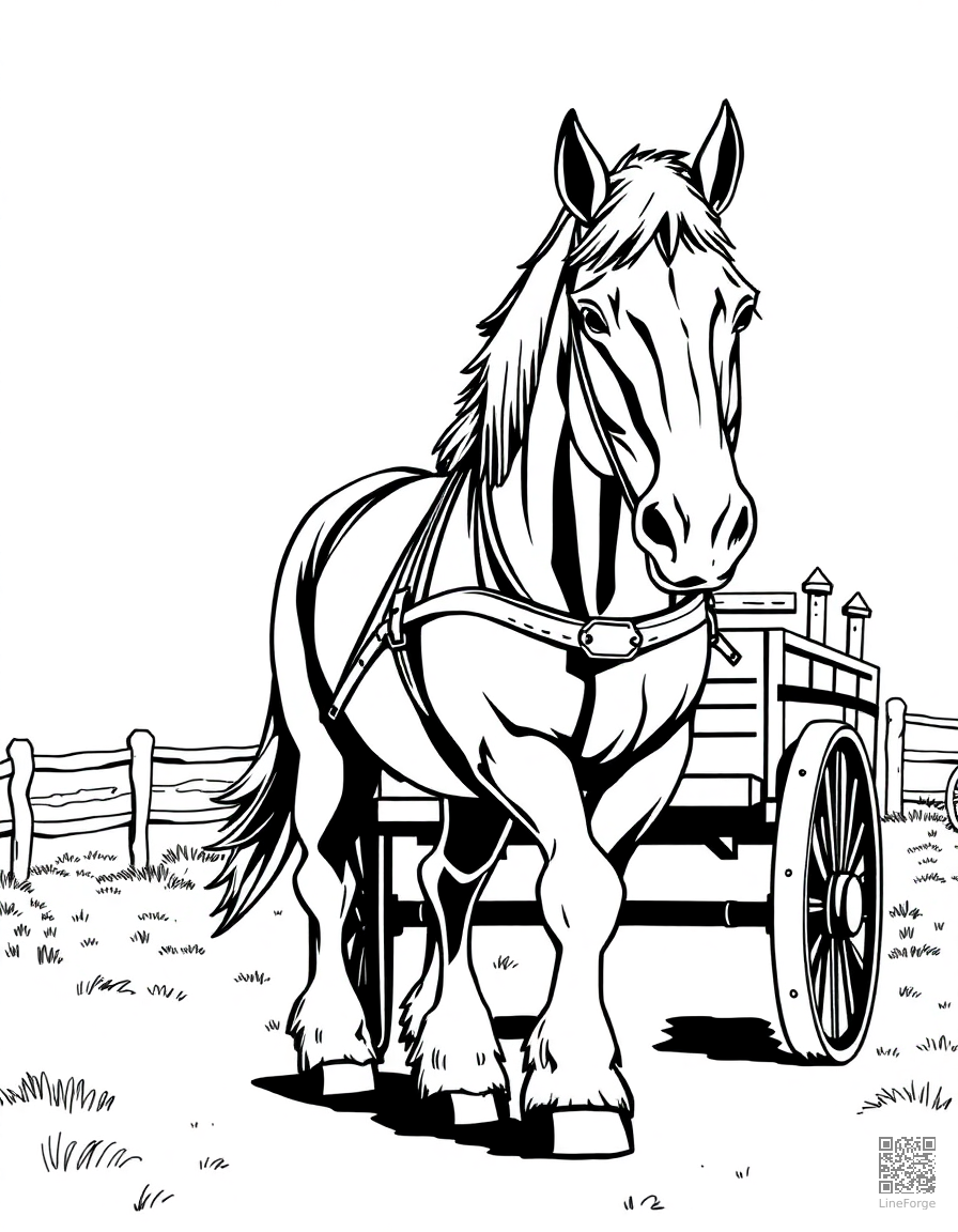 A clydesdale horse pulling a cart on a farm coloring page Manga style - free printable
