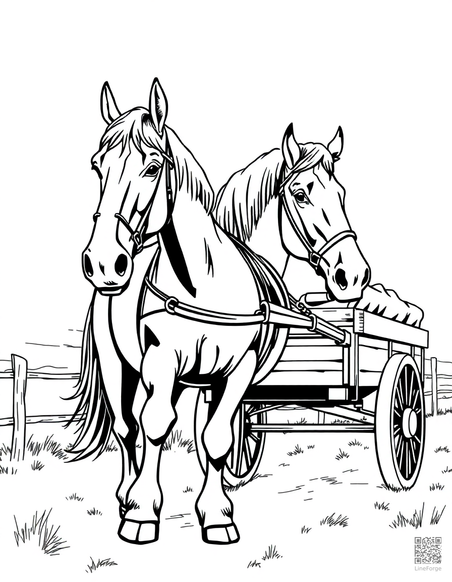 A clydesdale horse pulling a cart on a farm coloring page Manga style - free printable