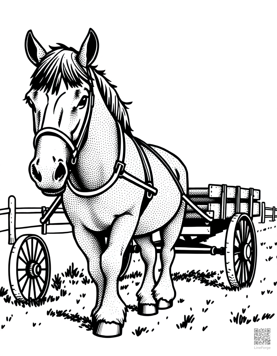 A clydesdale horse pulling a cart on a farm coloring page Stipple style - free printable