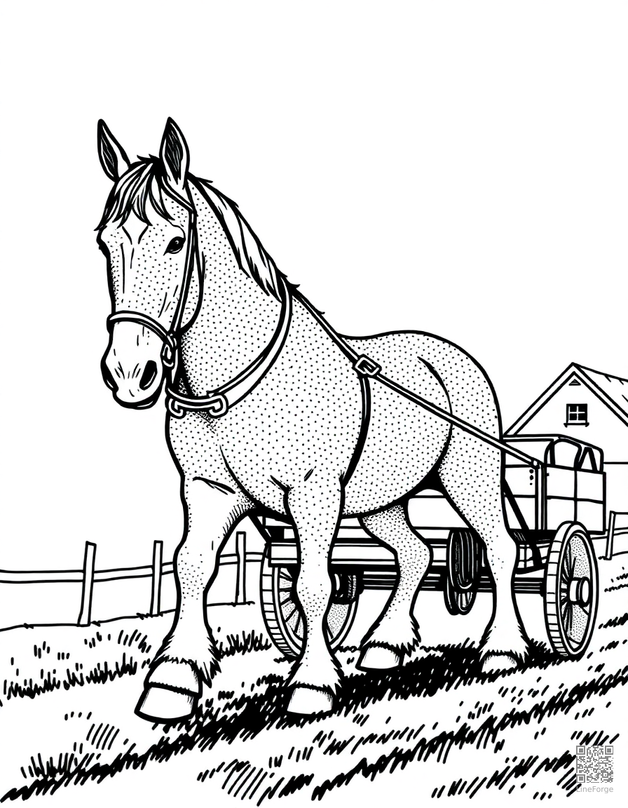 A clydesdale horse pulling a cart on a farm coloring page Stipple style - free printable