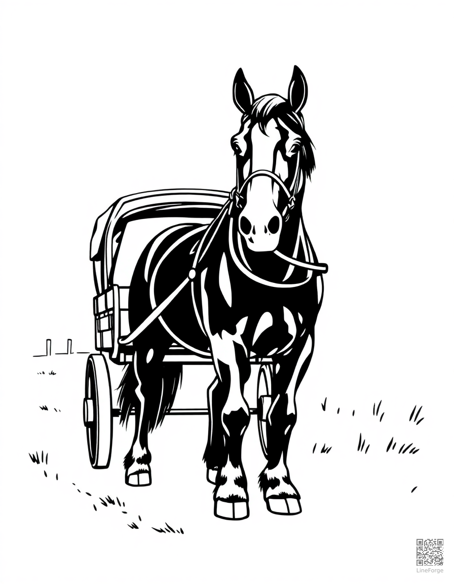 A clydesdale horse pulling a cart on a farm coloring page Woodcut style - free printable