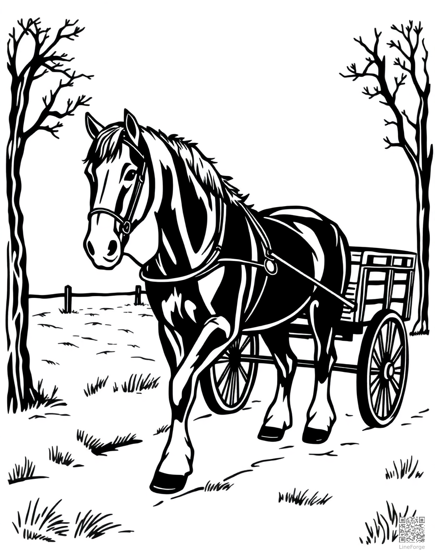 A clydesdale horse pulling a cart on a farm coloring page Woodcut style - free printable