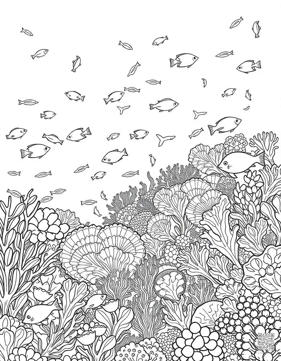 A coral reef panorama teeming with tropical fish coloring page Contour style - free printable