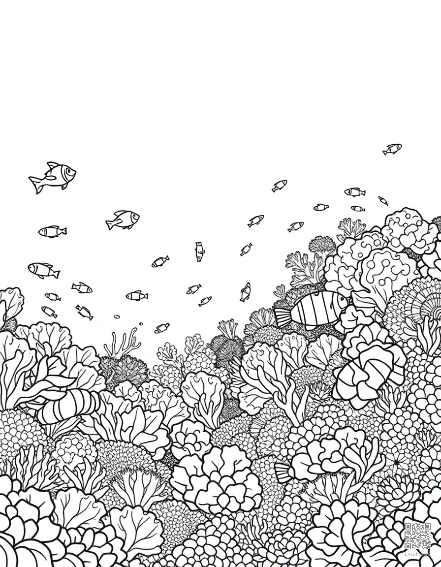 A coral reef panorama teeming with tropical fish coloring page Contour style - free printable