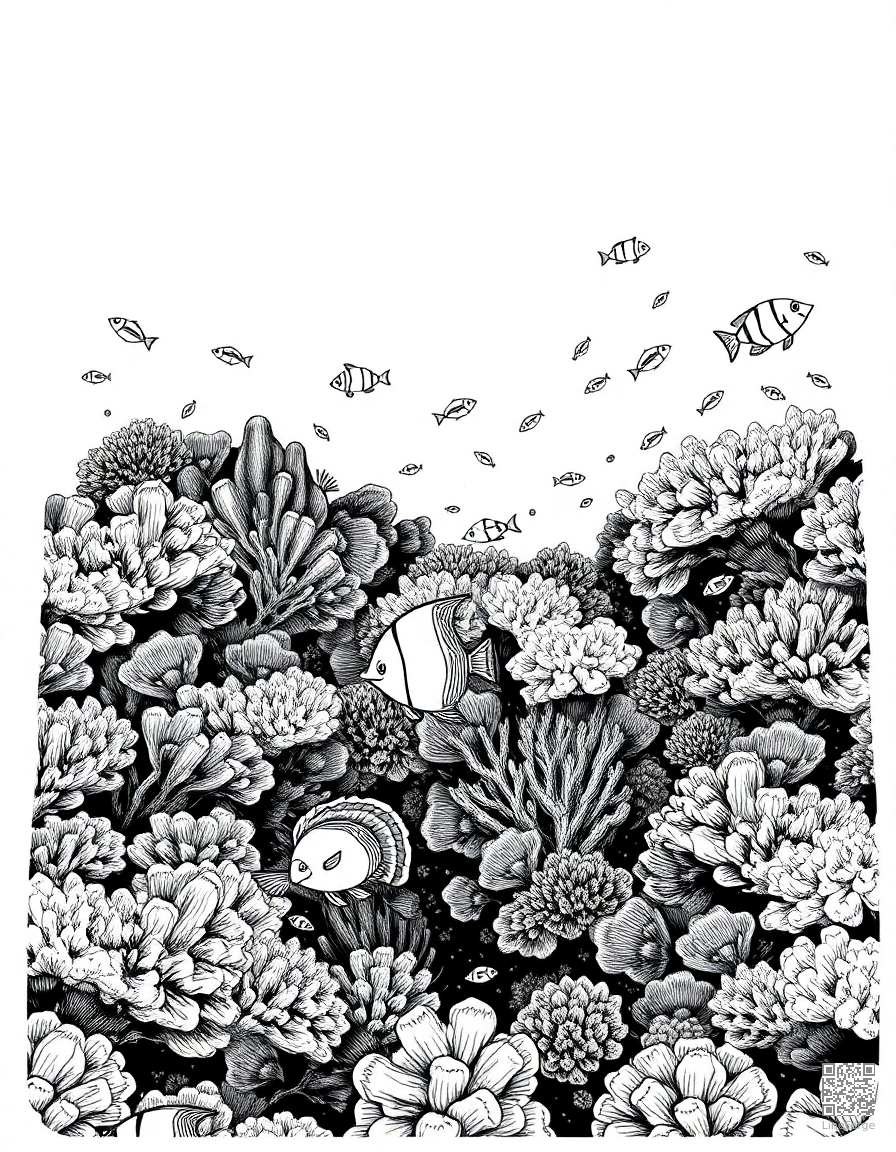 A coral reef panorama teeming with tropical fish coloring page Crosshatch style - free printable