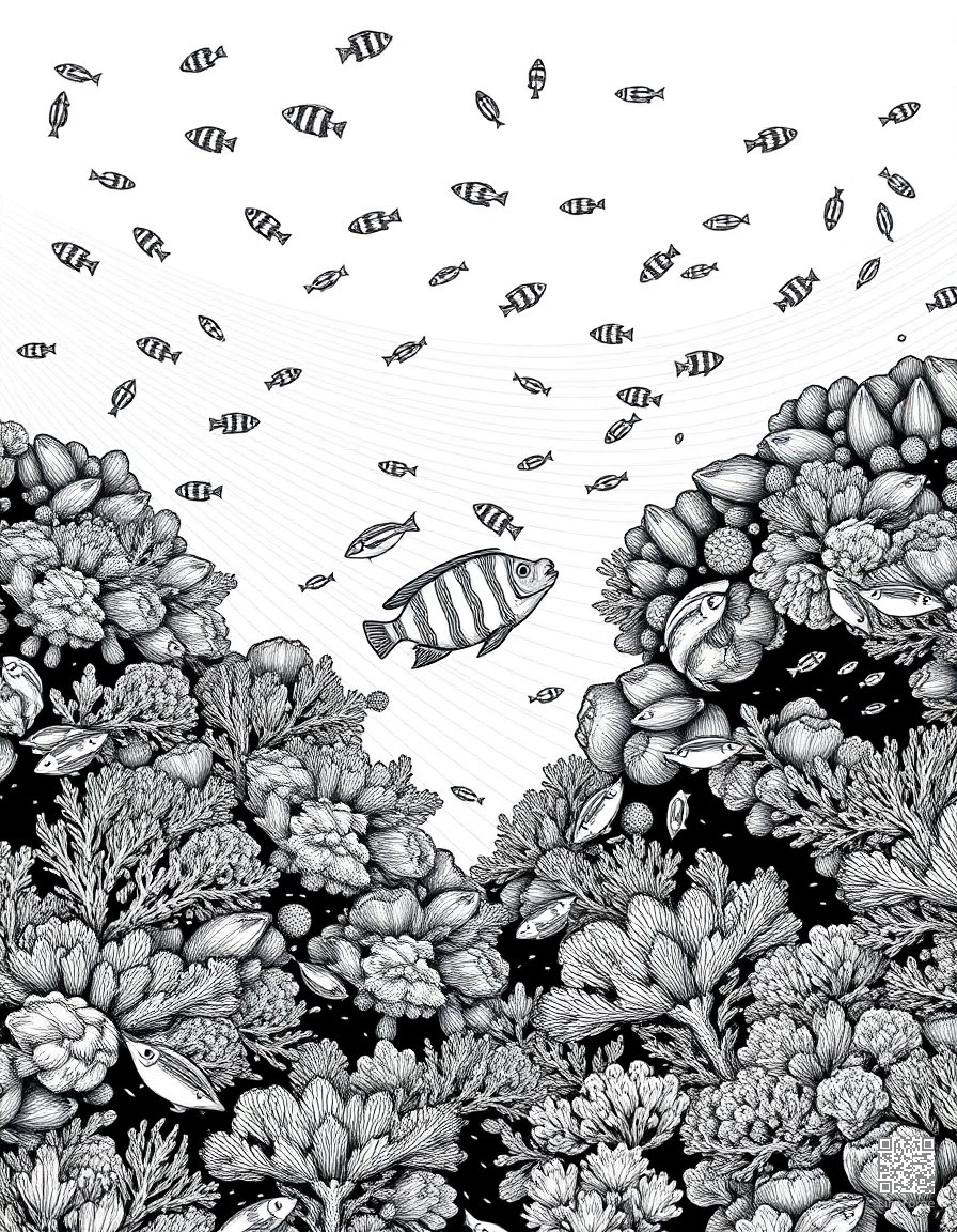 A coral reef panorama teeming with tropical fish coloring page Crosshatch style - free printable