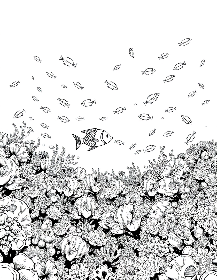 A coral reef panorama teeming with tropical fish coloring page Manga style - free printable