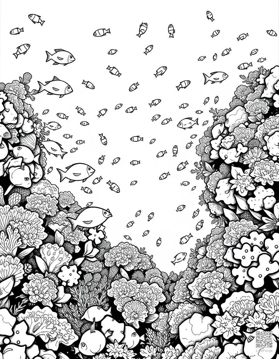 Free a coral reef panorama teeming with tropical fish coloring page in manga style — printable line art