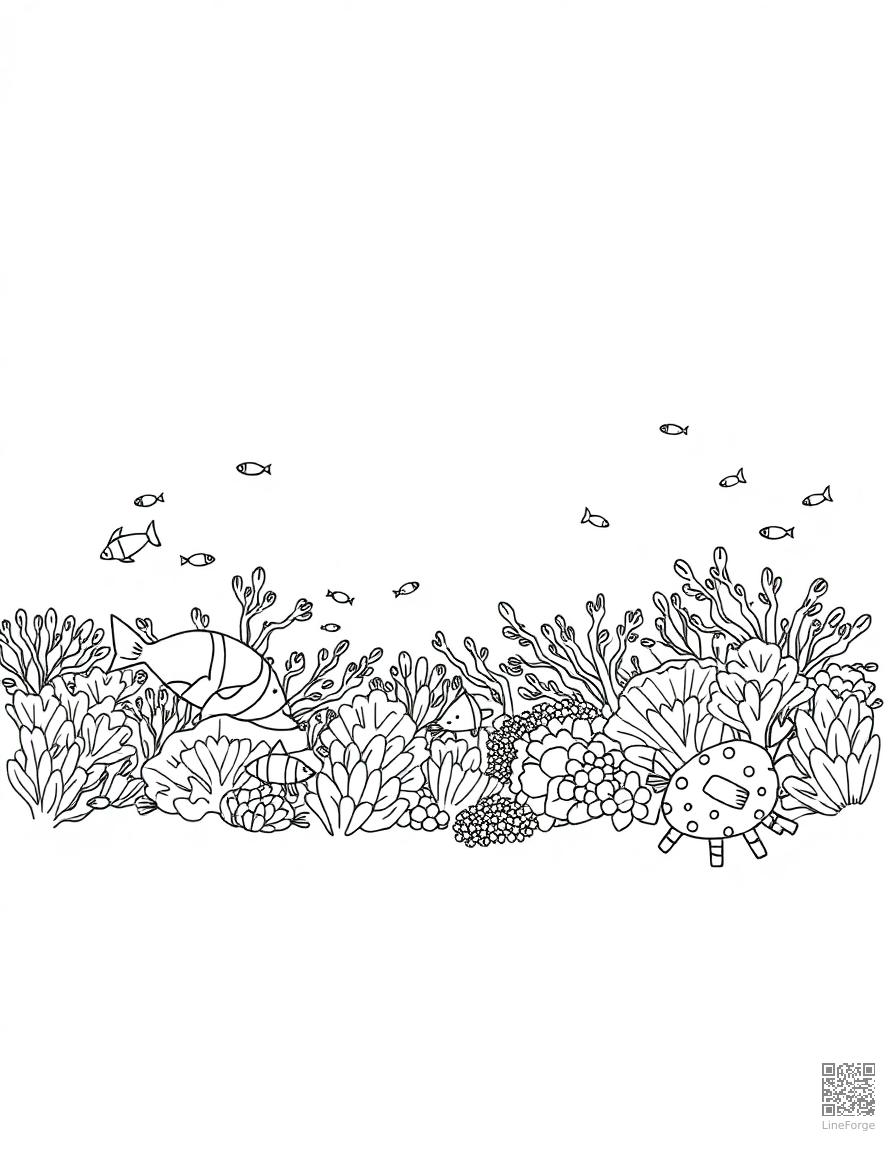 A coral reef panorama teeming with tropical fish coloring page Minimal style - free printable