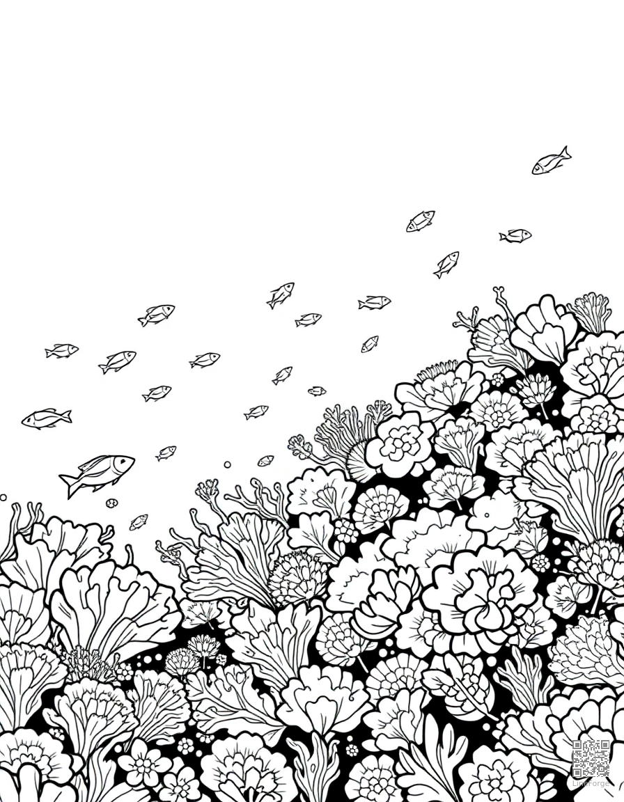 A coral reef panorama teeming with tropical fish coloring page Minimal style - free printable