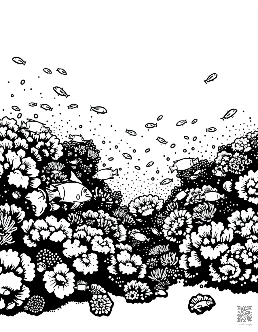 A coral reef panorama teeming with tropical fish coloring page Stipple style - free printable