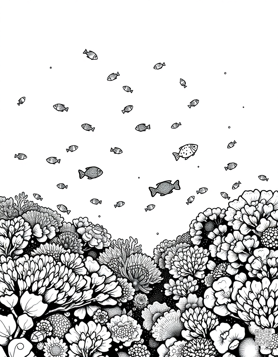 A coral reef panorama teeming with tropical fish coloring page Stipple style - free printable