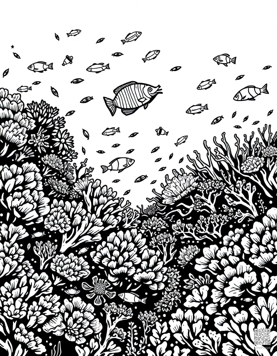 A coral reef panorama teeming with tropical fish coloring page Woodcut style - free printable