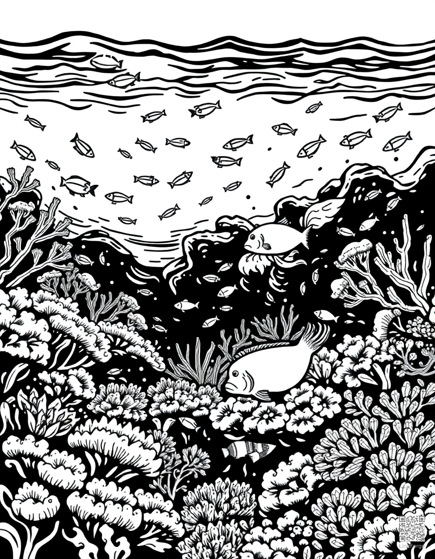 Free a coral reef panorama teeming with tropical fish coloring page in woodcut style — printable line art