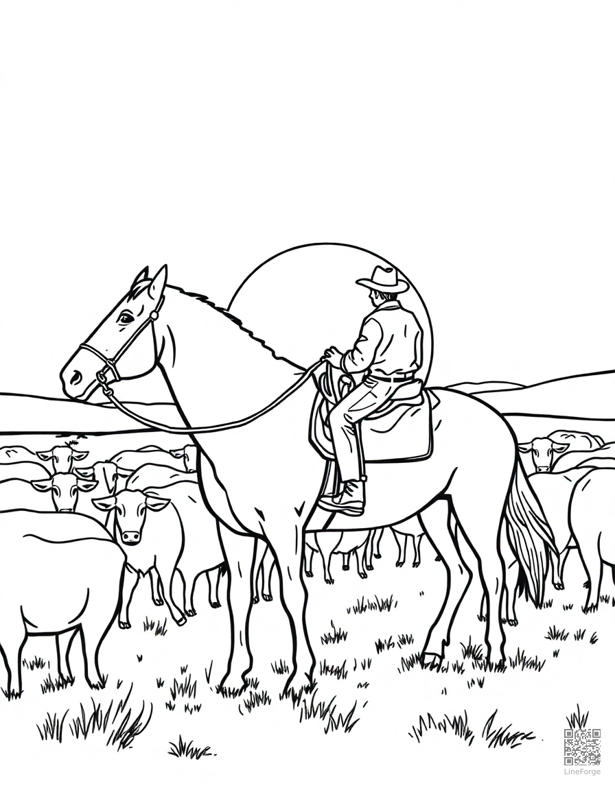 A cowboy on horseback herding cattle at sunset coloring page Contour style - free printable