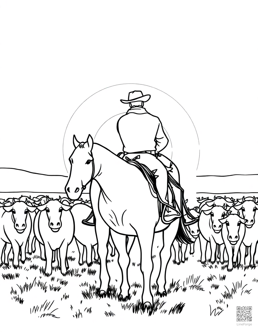 A cowboy on horseback herding cattle at sunset coloring page Contour style - free printable