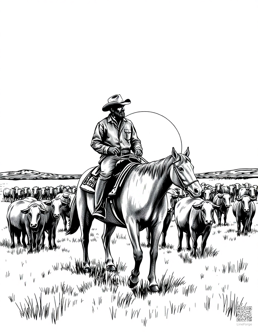 A cowboy on horseback herding cattle at sunset coloring page Crosshatch style - free printable