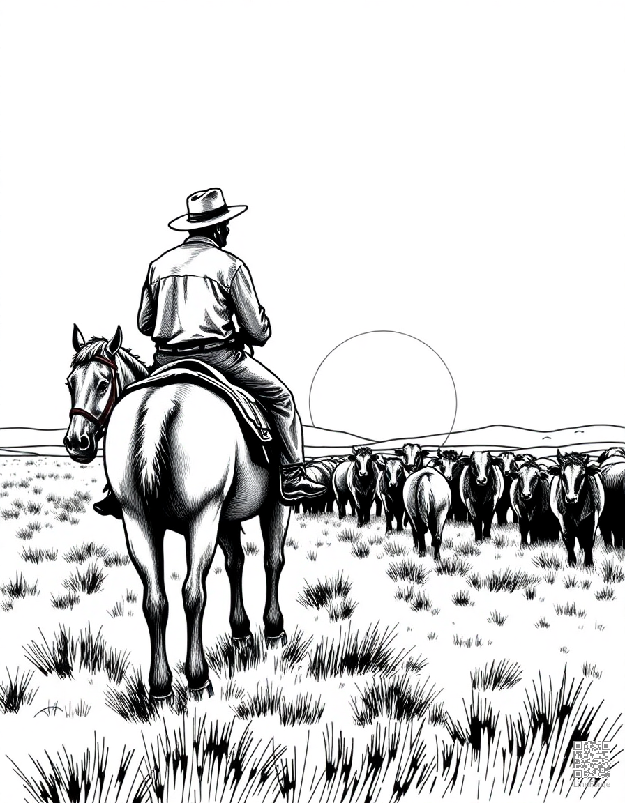 A cowboy on horseback herding cattle at sunset coloring page Crosshatch style - free printable