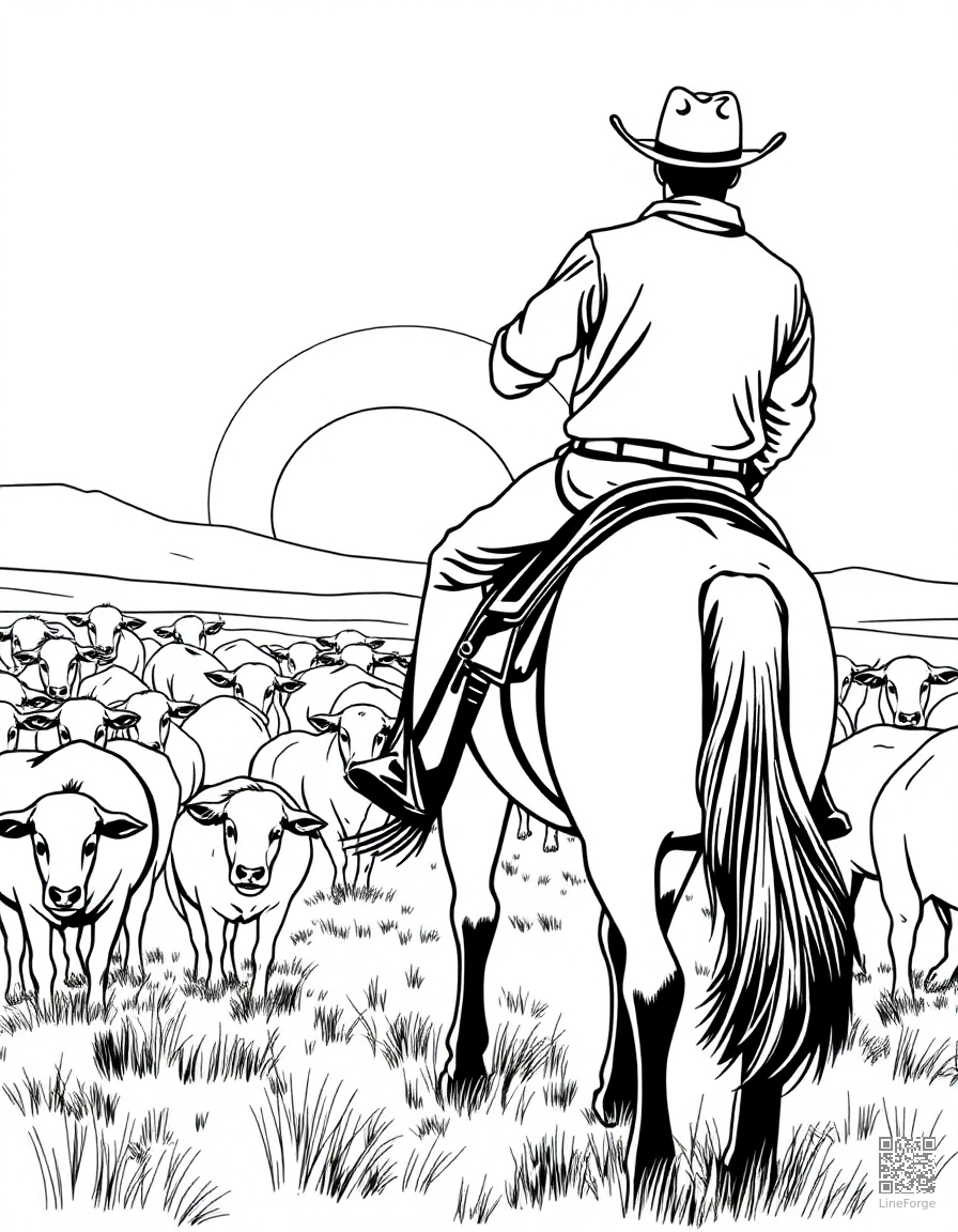 A cowboy on horseback herding cattle at sunset coloring page Manga style - free printable