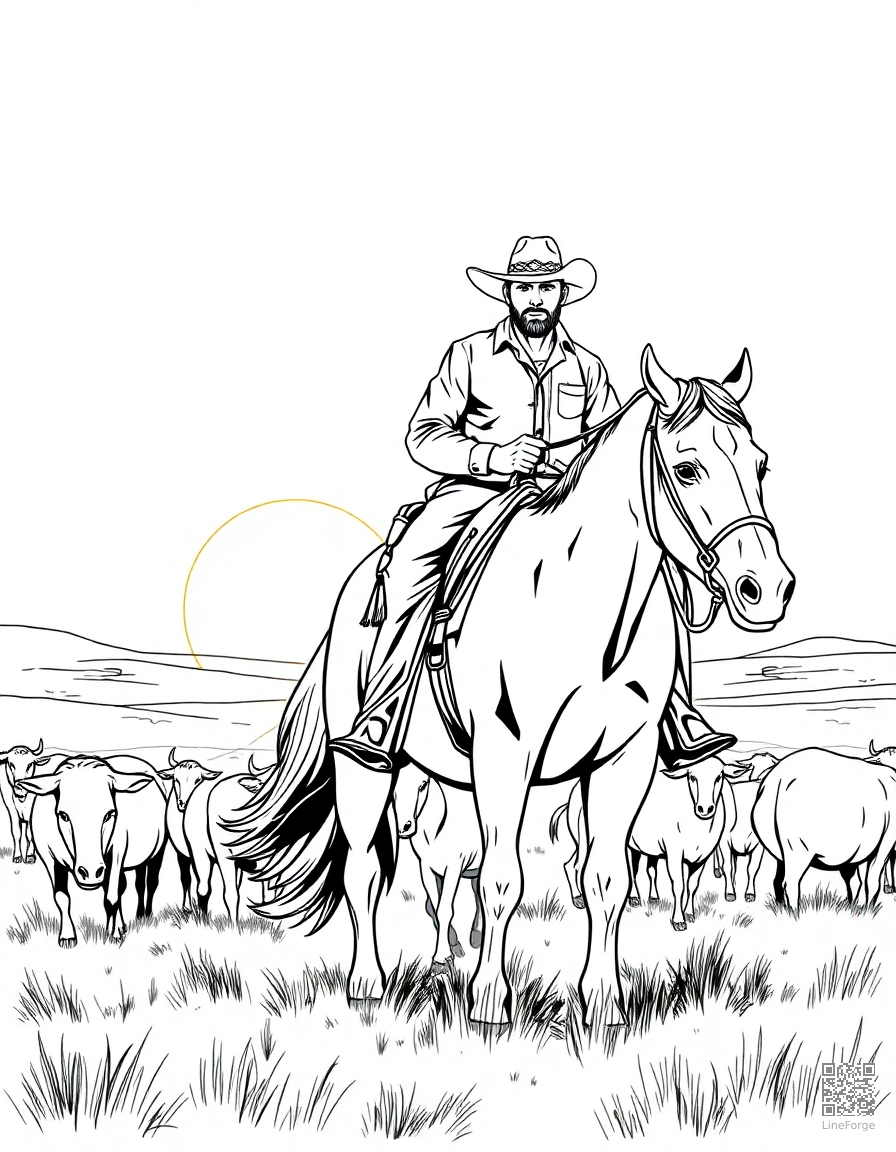 A cowboy on horseback herding cattle at sunset coloring page Manga style - free printable
